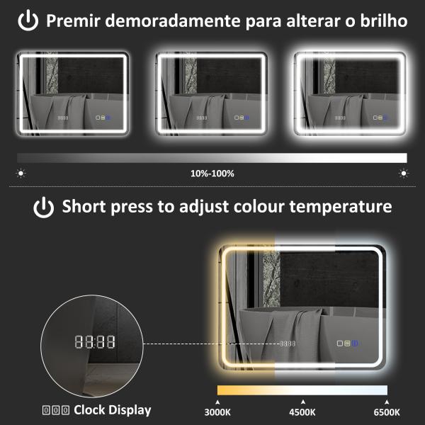 Espelho de Casa de Banho com Luz LED 80x60 cm Bluetooth 3 Cores de Luz Relógio Digital Função Antiembaciamento Memória Prata