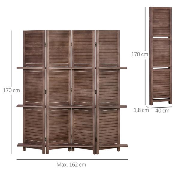 Biombo Dobrável de 4 Painéis de Madeira 162x170 cm Divisória de Ambiente com 3 Prateleiras Nogueira