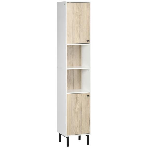 Coluna Casa de Banho Armário Alto Auxiliar de Casa de Banho com 2 Portas e 6 Prateleiras 31,5x30x169 cm Branco e Carvalho