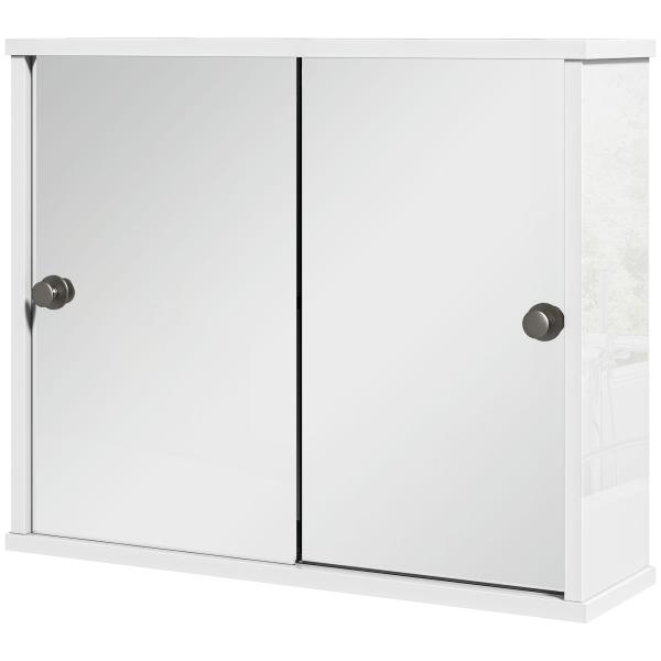 Armário Casa de Banho com Espelho Prateleira Ajustável e Porta de Correr Dupla com Espelho 55x15x45 cm Branco Brilhante