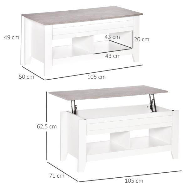 Mesa de Centro com Bancada Elevável Mesa de Centro com 2 Compartimentos Abertos Bancada de Imitação a Mármore Mesa Retangular para Sala de Estar 105x50x49cm Branco