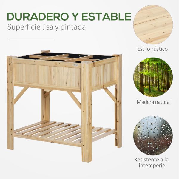 Horta Urbana de Madeira Mesa de Cultivo com 6 Compartimentos e Prateleira Inferior para Plantas e Flores em Jardim Terraço Exterior Capacidade 80 kg 78,5x58x81 cm Cor Natural