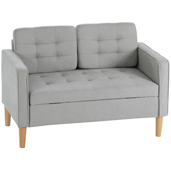 Sofá de 2 Lugares com Espaço de Armazenamento Pés de Madeira Encosto Capitonê 117x62x78 cm Cinzento Claro