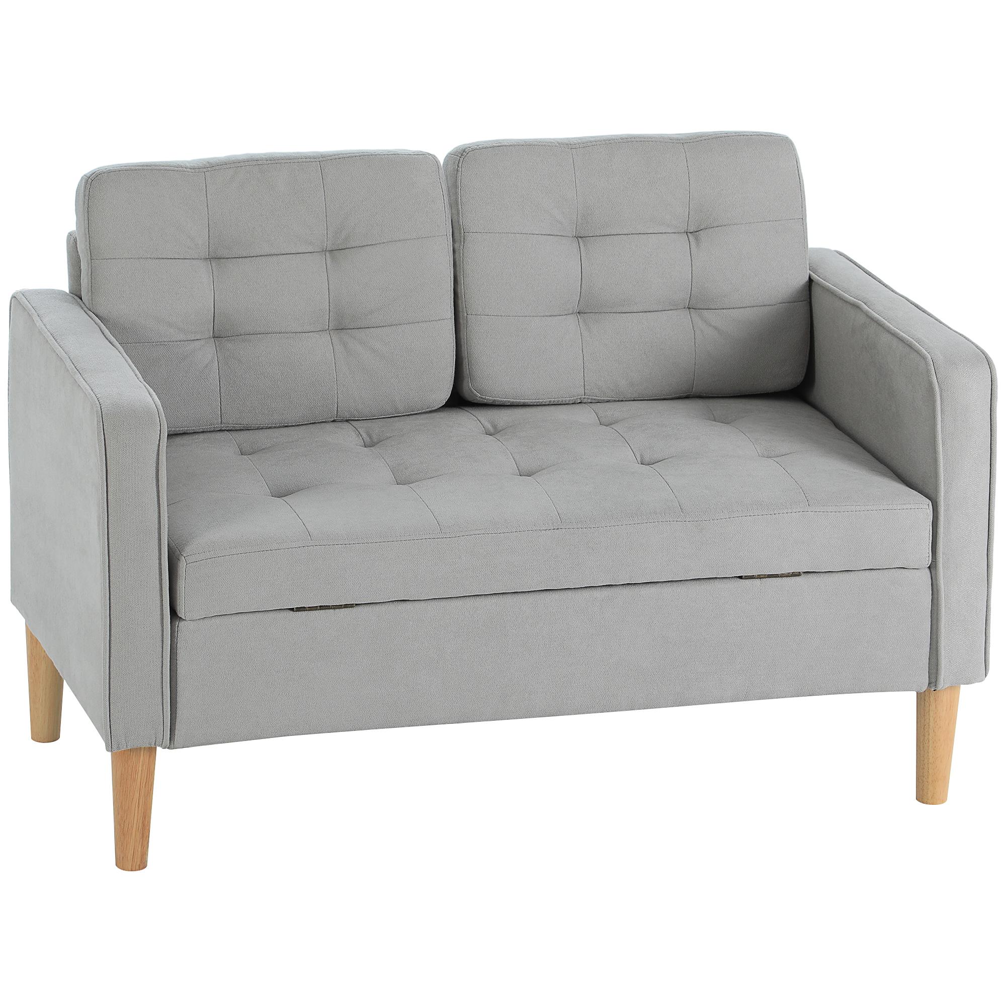 Sofá de 2 Lugares com Espaço de Armazenamento Pés de Madeira Encosto Capitonê 117x62x78 cm Cinzento Claro