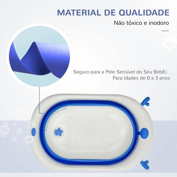 Banheira para Bebé Recém Nascido até 3 Anos Dobrável 30 Litros com Tampa Termossensível e Almofada Confortável Almofadas Antiderrapantes 81,5x50,5x23,5cm Azul e Branco