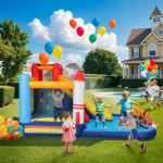 Castelo Insuflável com Insuflador 5 em 1 com Escorrega Piscina Parede de Escalada e Canhão de Água 360x250x195 cm Multicor