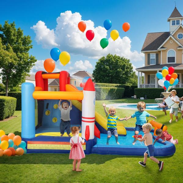 Castelo Insuflável com Insuflador 5 em 1 com Escorrega Piscina Parede de Escalada e Canhão de Água 360x250x195 cm Multicor
