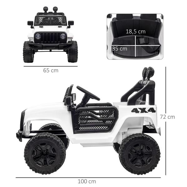 Carro Elétrico Infantil Bateria 12V com 2 Motores Controle Remoto 2.4G Luzes Buzina Velocidade Ajustável 100x65x72cm Branco