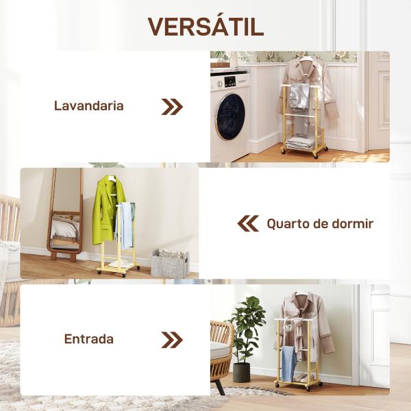 Cabide de Pé de Bambu com Rodas Cabide para Roupas com Barras para Calças e Prateleira Inferior para Sapatos Estilo Nórdico 47x33,7x105,5 cm Madeira e Branco
