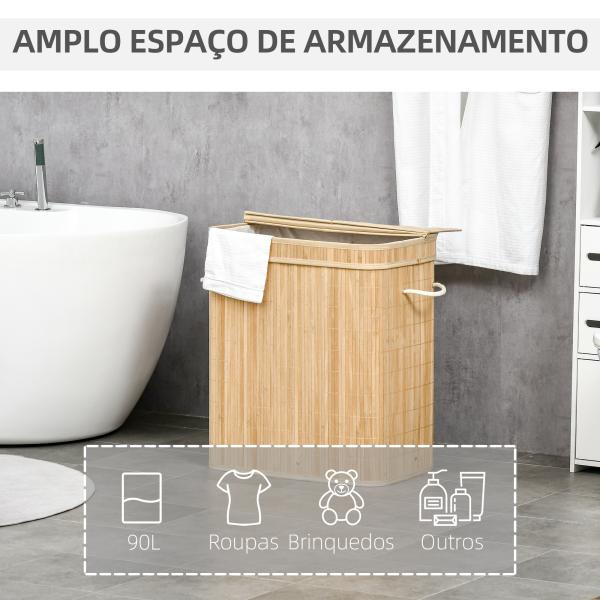 Cesto de Roupa Suja 90L em Bambu com 2 Compartimentos Alças e Bolsa Interna Removível 54,2x35,2x59,5 cm Madeira