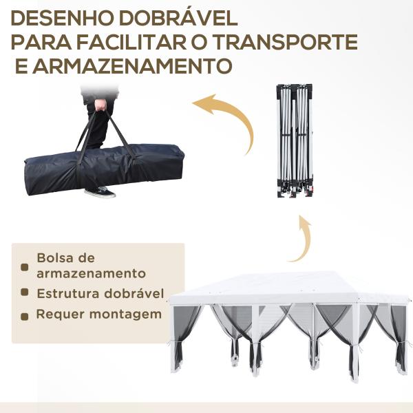 Tenda Dobrável 585x295x270 cm Tenda de Jardim com 6 Mosquiteiros Bolsa de Transporte e Estrutura de Aço Cinza