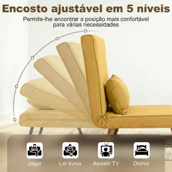 Sofá - Cama Individual Dobrável com Encosto Ajustável em 5 Posições, Sofá - Cama Estofado com Almofada 72x75x85 cm Amarelo