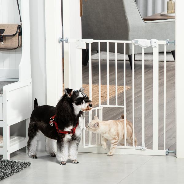 Barreira de Segurança para Cães Animais de Estimação 74 - 80cm para Escadas Portas e Corredor com Porta com Fechamento Automático e Sistema de Duplo Bloqueio Altura 76,2cm Branco