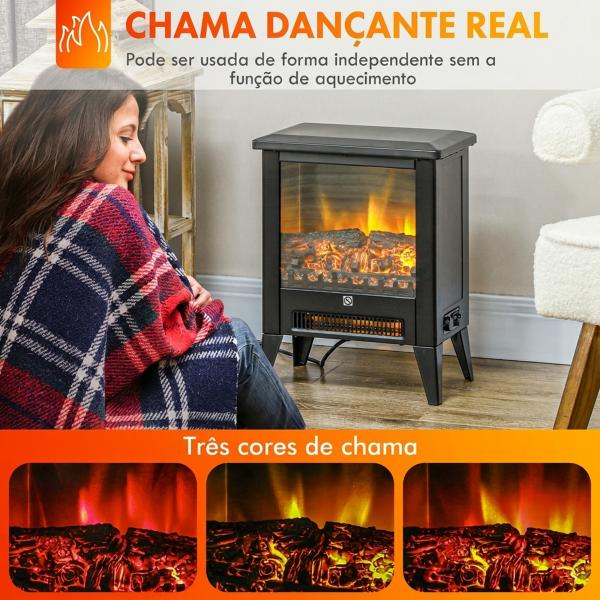Lareira Decorativa Independente 1800 W com Efeito de Chama LED Baixo Ruído e Proteção contra Sobreaquecimento Preto
