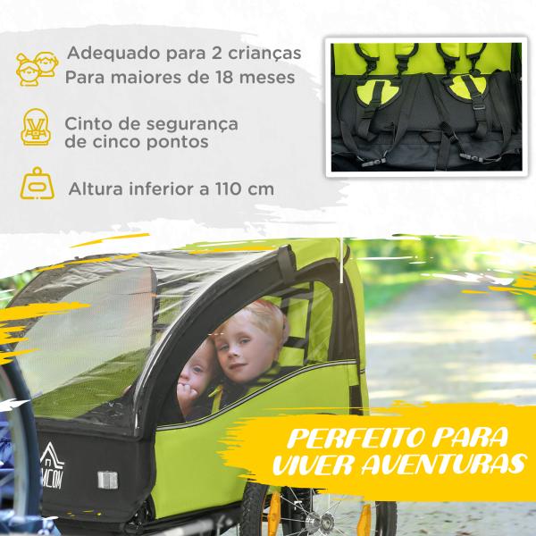 Reboque de Bicicleta para Crianças de 2 Lugares com Cinto de Segurança e Sistema de Amortecimento 140x88x90 cm Verde