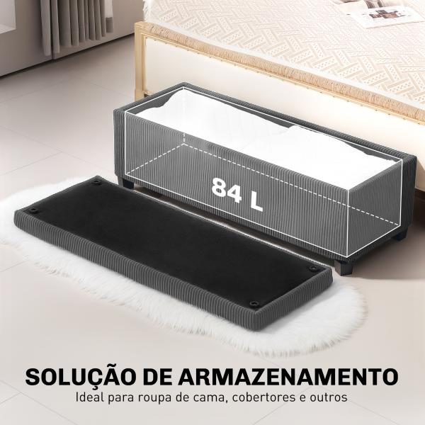 Banco de Arrumação Capacidade de 84 L Estofado em Veludo Banco Pé de Cama para Dormitório 112x42x40 cm Cinza