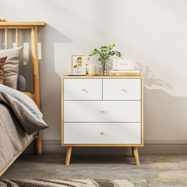 Cômoda de 4 Gavetas com Puxadores de Madeira Cómoda Estreita para Sala Corredor 60x35x65 cm Madeira e Branco