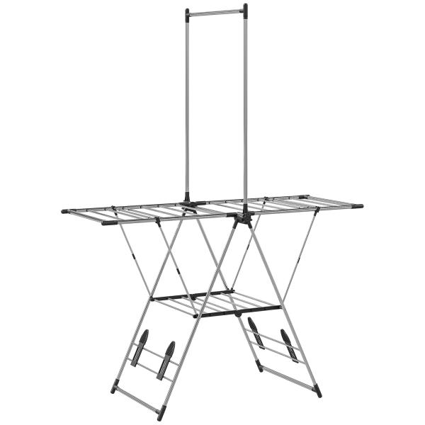 Estendal Vertical Dobrável com Laterais Ajustáveis em 5 Níveis 4 Suportes para Calçado 139x62,5x201 cm Prata
