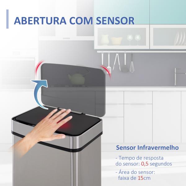 Balde de Lixo 72L com Abertura Automática de Aço Inoxidável e Reciclagem para Cozinha 42x30x81 cm Prata
