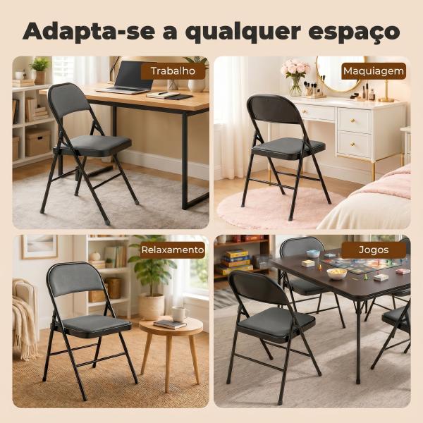 Conjunto de 4 Cadeiras Dobráveis com Encosto e Estrutura de Aço para Sala de Estar escritório Estúdio 45x46x78 cm Preto