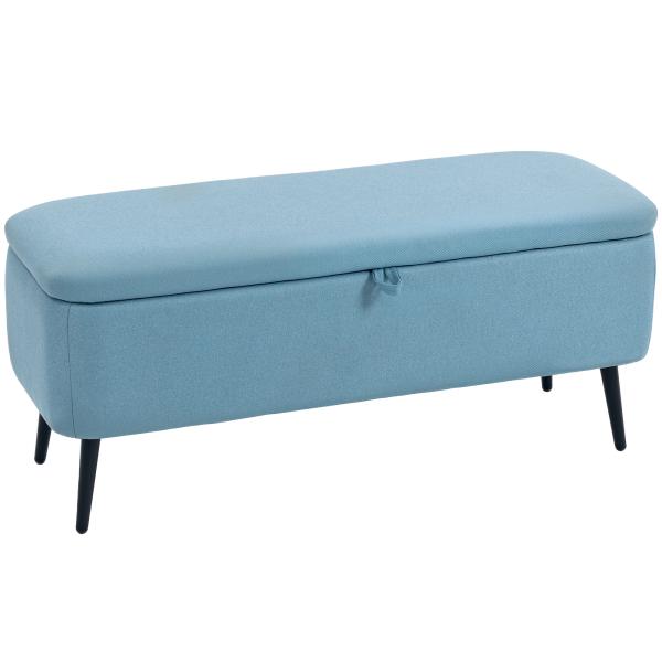 Banco de Armazenamento Estofado em Linho com Tampa Abatível e Pés de Aço Carga Máxima 150kg 101x38,5x44,5 cm Azul Claro