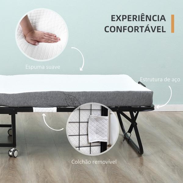 Cama Dobrável 200x75x42,5 cm Cama de Campismo Portátil com Colchão Individual Rodas e Freios Carga Máxima 150 kg para Dormitórios Branco
