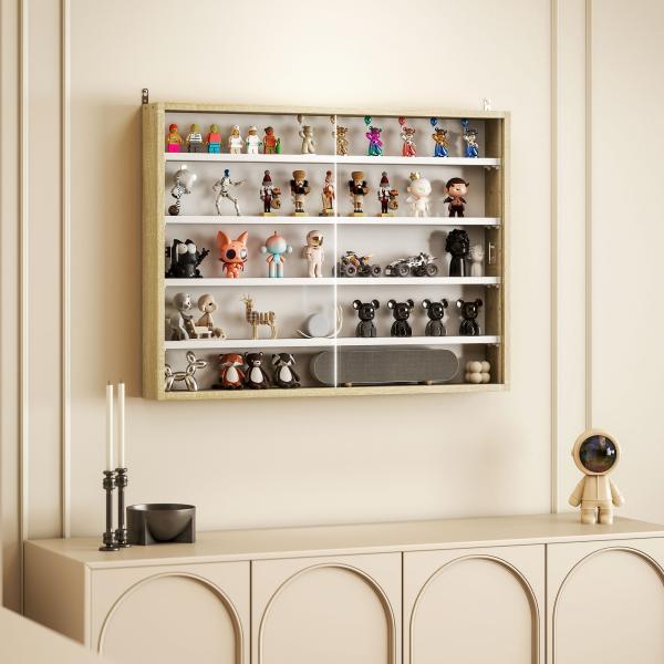 Vitrine de Parede de Madeira com Prateleiras Ajustáveis e 2 Portas Corredeiras de Vidro para Coleções Perfumes 80x9,5x60 cm Madeira e Branco