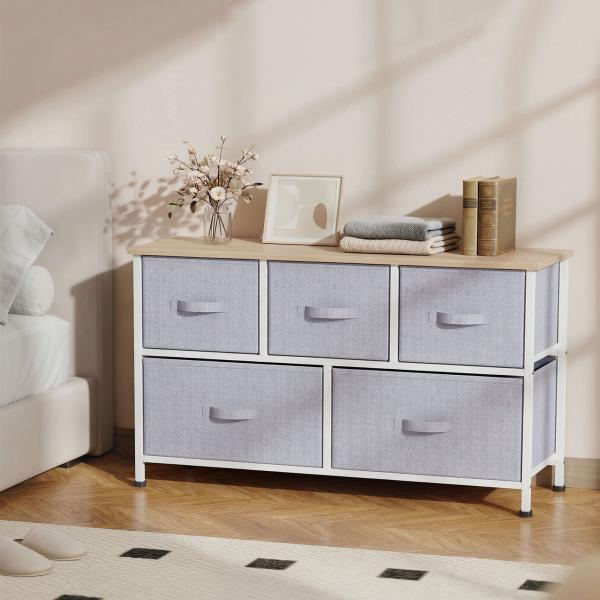 Cómoda com 5 Gavetas de Tecido Cómoda para Quarto Estrutura Metálica 100x30x54 cm Cinzento
