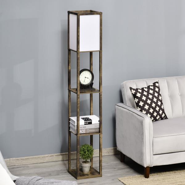 Candeeiro de Pé de Madeira com 3 Prateleiras para Lâmpada E27 Potência Máx. 40W 26x26x160 cm Marrom Rústico