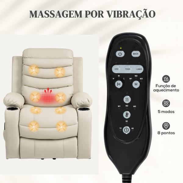 Poltrona Relax Reclinável Elétrica Elevatória com Massagem Vibratória Aquecimento e Porta USB 93x95,5x100 cm Creme