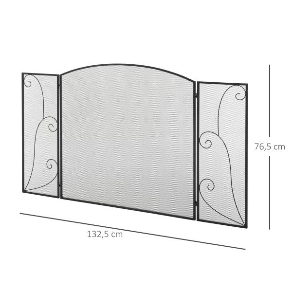 Frente para Lareira de 3 Painéis Dobrável com Dobradiças Estrutura Metálica e Malha Decorativa 132,5x76,5cm Preto