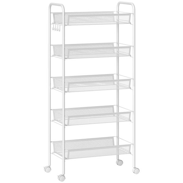 Carrinho Auxiliar com Rodas de 5 Níveis com Cestos de Malha Removíveis e Estrutura de Aço 45x26,5x106 cm Branco
