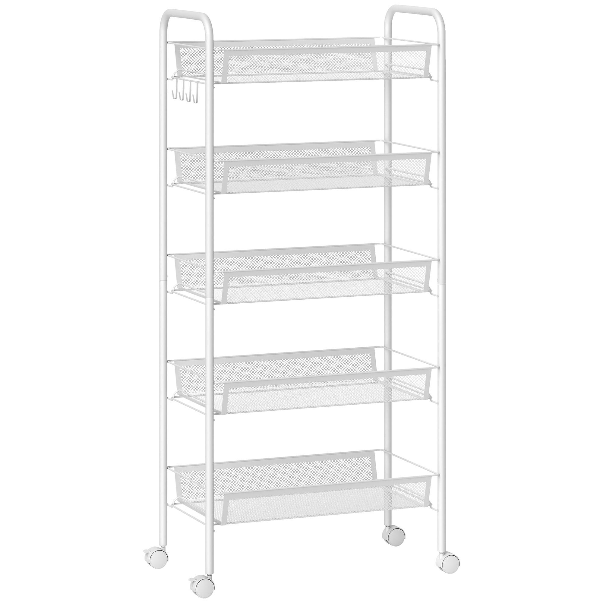 Carrinho Auxiliar com Rodas de 5 Níveis com Cestos de Malha Removíveis e Estrutura de Aço 45x26,5x106 cm Branco