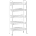 Carrinho Auxiliar com Rodas de 5 Níveis com Cestos de Malha Removíveis e Estrutura de Aço 45x26,5x106 cm Branco