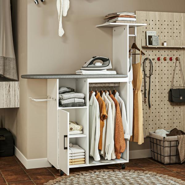 Móvel de Engomar Roupa com Rodas e Suporte Lateral Móvel com Tábua de Passar Barra para Roupa Prateleira 127,5x43,5x153 cm Branco
