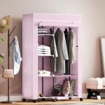 Roupeiro de Tecido Dobrável com 6 Prateleiras 1 Barra de Pendurar e Rodas para Dormitório Vestidor 103x43x162,5 cm Rosa