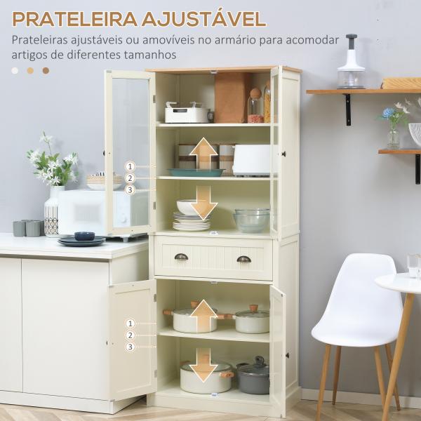 Armário de Cozinha com 2 Portas de Vidro 1 Gaveta e Prateleira Ajustável Móvel Auxiliar de Cozinha 76x40x182,5cm Creme
