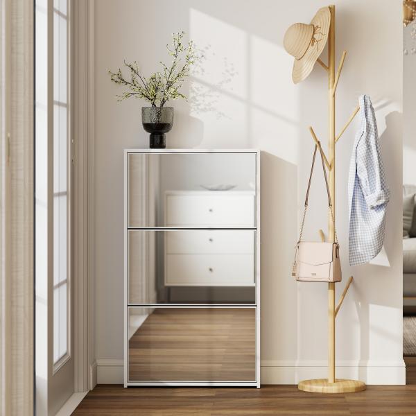 Sapateira Estreita com Espelho para 9 Pares de Sapatos para Corredor Espaços Reduzidos 65x17x114,5 cm Branco