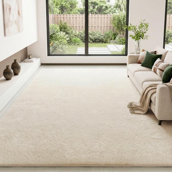 Tapete para Sala de Estar 120x160 cm Tapete Lavável à Máquina Pelo Longo Macio Estilo Moderno Creme