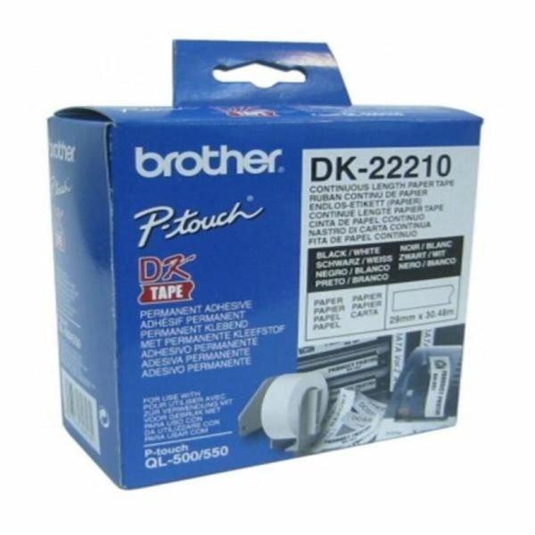 Papel Contínuo para Impressoras Brother DK22210 29 x 30,48 mm Branco Preto 80 g/m² (1 Unidade)