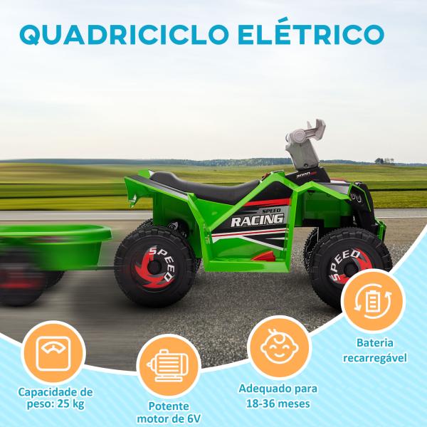Quadriciclo Elétrico para Crianças com Reboque Bateria 6V de 18 - 36 Meses com Velocidade 2,5 km/h 106x41,5x48,5 cm Verde