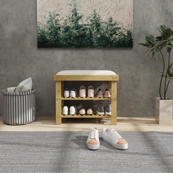 Banco Sapateira de Bambu Sapateira com Assento Almofadado 2 Prateleiras para 6 Pares de Sapatos 60x29x49 cm Madeira e Creme