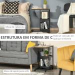 Mesa Auxiliar Industrial em Forma de C com Rodas Prateleiras Abertas e Estrutura de Aço 51x33x66 cm Marrom Escuro e Preto