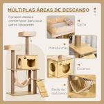 Arranhador para Gatos com Poste de Arranhar de Juta 2 Camas Rede Caverna Bola Suspensa Rede e Rampa 60x40x130 cm Madeira