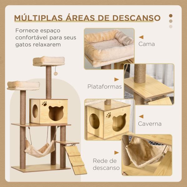 Arranhador para Gatos com Poste de Arranhar de Juta 2 Camas Rede Caverna Bola Suspensa Rede e Rampa 60x40x130 cm Madeira