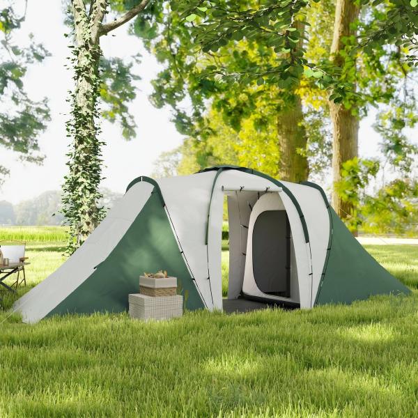Tenda de Campismo Familiar para 4 - 6 Pessoas com 2 Dormitórios Impermeável 3000 mm com Bolsa 555x225x190 cm Cinza e Verde