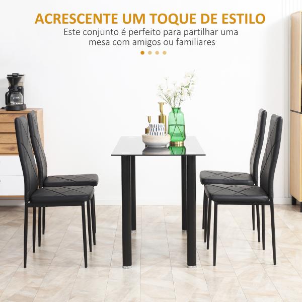 Conjunto de 4 Cadeiras de Sala de Jantar Estofadas em Couro Sintético com Encosto Alto e Pés de Aço 41x50x97 cm Preto