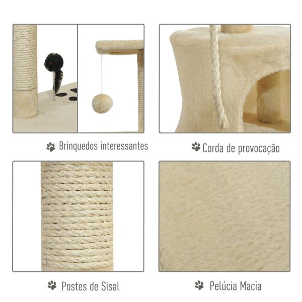 Árvore Arranhador para Gatos com 4 Níveis Poste de Sisal Caverna Plataformas e Brinquedos Divertidos 75x40x112 cm Bege