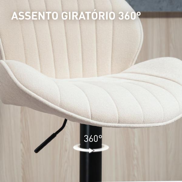 Conjunto de 2 Bancos de Bar Giratórios com Altura Ajustável 62 - 83 cm, Revestidos em Chenille, com Encosto e Apoio para os Pés, Bege