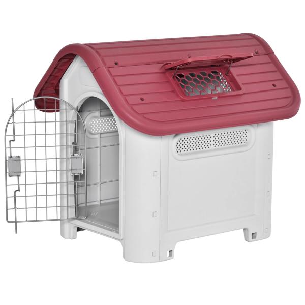 Casota para Cães com Porta Removível Base Elevada 3 Respiradouros e Janela Casota de Cães para Interior e Exterior 59x75x66cm Cinza e Vermelho